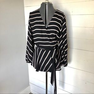 EUC Black and Cream Striped Wrap Top from Loft